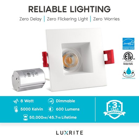Luxrite 2 Inch Square LED Recessed Downlights 8W 600LM 5000K Bright White Dimmable 6-Pack LR23279-6PK